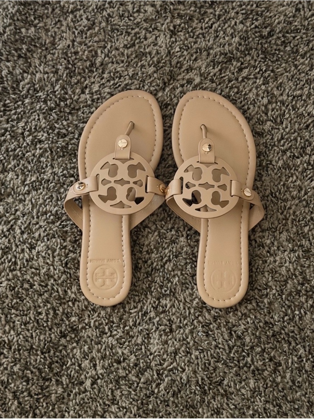 Tory Burch Beige Logo Cutout Toe-Post Sandals for